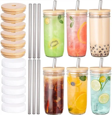 Ống Hút Mason Có Nắp Tre